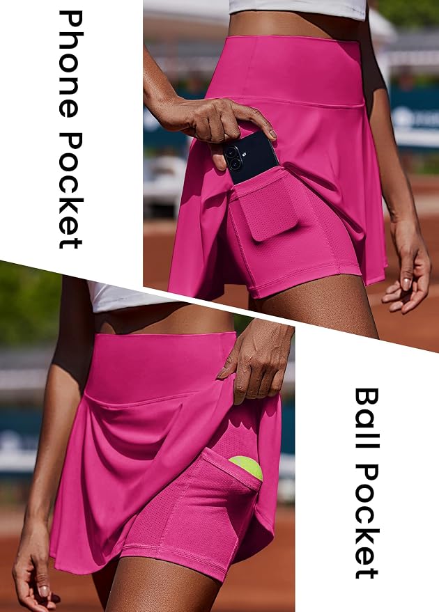 PINSPARK Womens Tennis Skirt Pleated Athletic Golf Skorts with Pockets | 3.5" High Waisted, Mesh Built-in Shorts, Mini Skirt, Buttery-Soft, Quick-dry, for Tennis, Golf, Pickleball, Casual