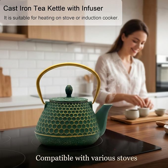 Cast Iron Tea Kettle, Japanese Tetsubin Teapot Coated with Enameled Interior, Durable Cast Iron Teapot with Stainless Steel Infuser for Stovetop Safe(1000ml/34oz)