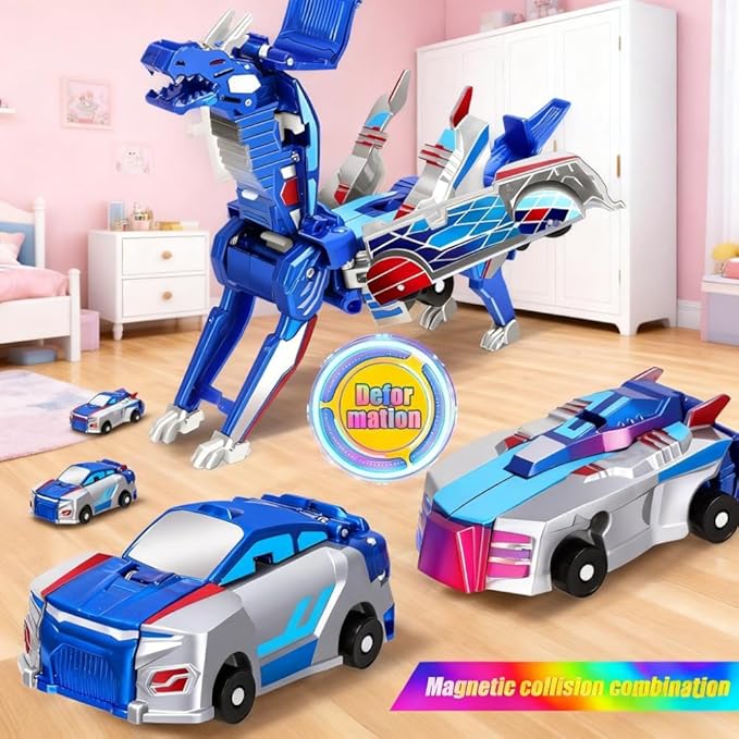 2-in-1 Collision Transformation Dinosaur Car Toy |Magnetic Cars Convertible Robot Toys|DinosaurToys for Kids 3-12 Ideal Christmas Birthday Gift for Boys and Girls (Colorful Blue)