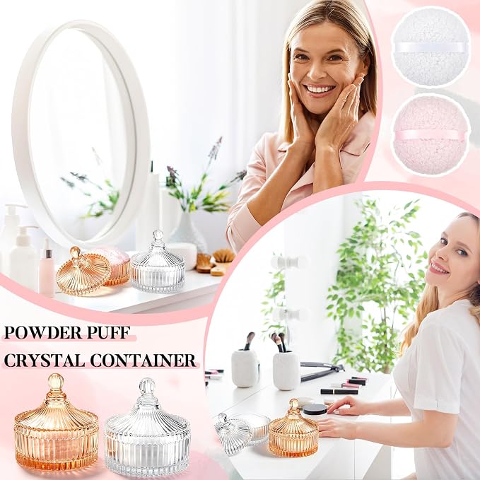 Tioncy 2 Set Vintage Glass Vanity Jar with Powder Puff, Decorative Crystal Powder Container for Bathroom Counter & Feminine Vanity Decor, Gift for Women(Classic,Amber and Clear)