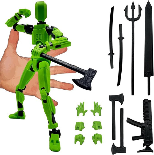 3D Printed Enlarge Body Size 8.1-inch Action Figure Dummy20, Full Body Mechanical Movable Toy, Multiple Accessories, Desk Decoration (Bracket, 3 HandsType, Weapons, Armour) (Brilliant Green)