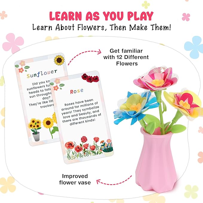 oPapaya Fabric Flower Bouquets Toys for Girls - DIY Kits for Kids w/Markers & Cards - Arts & Crafts for 4 5 6 7 8 Year Toddler Girl - Educational Toys - Art and Craft Kits for Girls