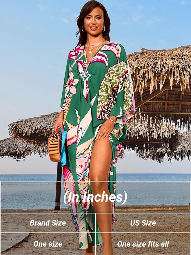 ChiaoLezhee Print Moo-Moos for Women, Kaftan Cover-Up Dresses, Sexy V-Neck High-Slit, Beach Pool-Party Coverups Muumuu Plus