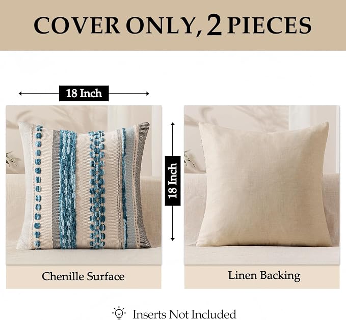 ANRODUO Boho Decorative Pillow Covers 18x18 Sky Blue Stripe 3 Pack of 2 | Throw Pillow Covers, Farmhouse Cushion Case, Chenille Pillow Cases, Pillow Covers, Accent Neutral Pillowcase for Sofa Couch