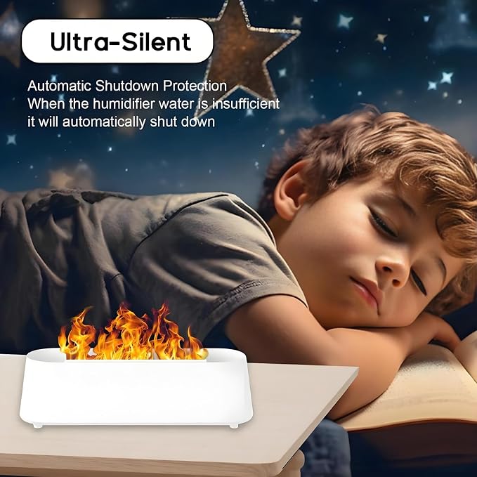 Fireplace Flame Diffuser, Aromatherapy Essential Oil Diffuser, 300ml Cool Mist Ultrasonic Humidifier for Bedroom,Office,Home,Yoga, Timer & Auto Shut-Off, 7 Colorful Night Light (White)