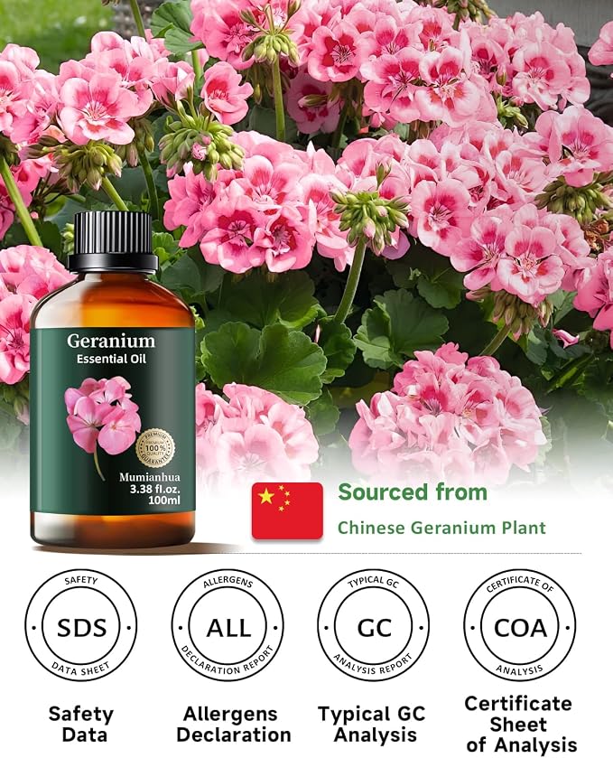 Geranium Essential Oil, Floral Scent, Outdoor & Skin Care, 3.38 Fl Oz | Mumianhua Rose Geranium Oil, Steam-Distilled. Sweet, Rose-Like Aroma. For Garden Spray, Diffuser, Skin, Hair & DIY