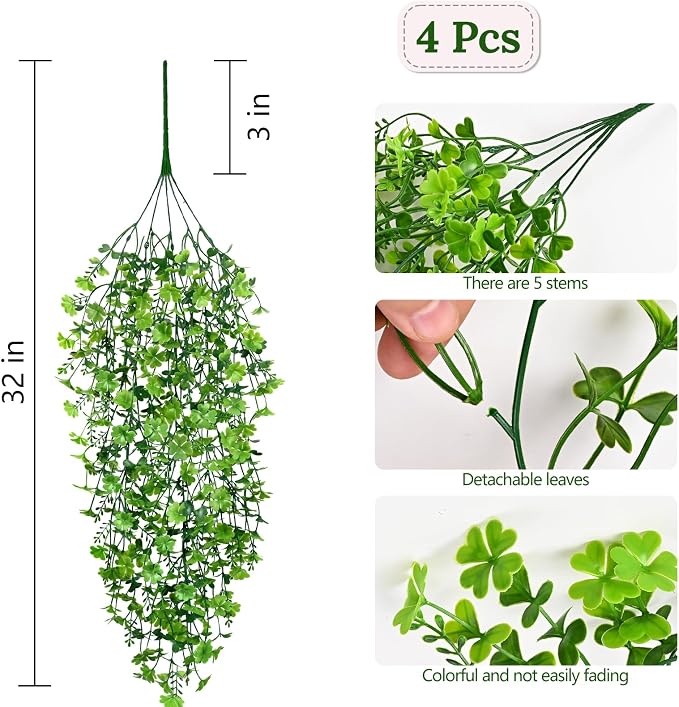 Waipfaru Artificial Hanging Plants, 4Pcs Faux Ivy Four-Leaf Clover | Vines Greenery for Wall Home Bedroom Living Room Aesthetic Kitchen Office Aesthetic Kitchen Indoor Outdoor Decor