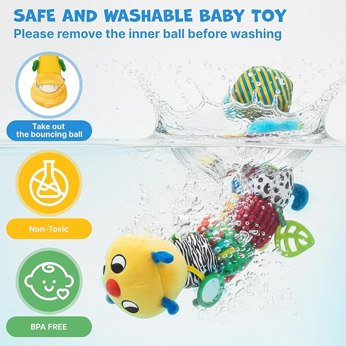 JoyCat Baby Toys 0-18 Months, Musical Crawling Caterpillar Plush Toy - 38 Songs & Recording Feature, Bouncing Tummy Time Toy, Sensory Toys with Crinkle & Textures for Newborn Boys Girl Shower Gifts