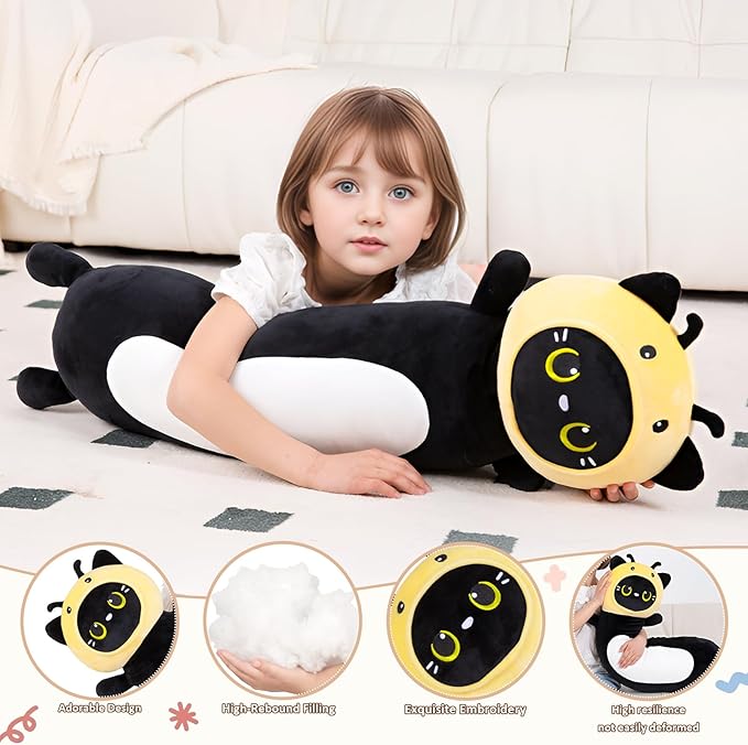 36 inch Bee Black Cat Long Plush Body Pillow Toy, Kitten Plushies with Stuffy Honeybee Oufit Big Stuffed Animals Gfit for Kids Boys Girls, Birthday
