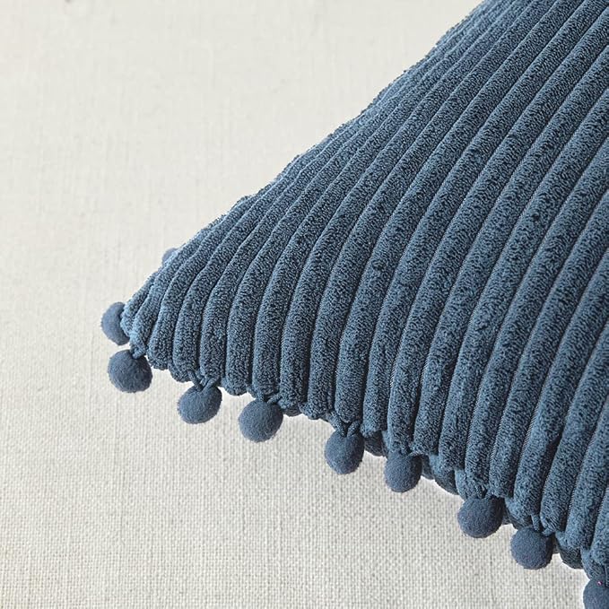 Fancy Homi Set of 2 Dusty Blue Decorative Throw Pillow Covers 12x12 Inch with Pom-poms for Couch Bed Sofa, Modern Farmhouse Boho Home Decor, Soft Plush Corduroy Cute Cushion Case 30x30 cm