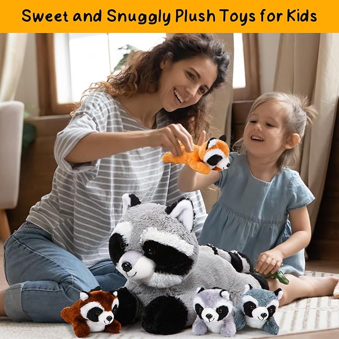 5 Pcs Raccoon Stuffed Animal Set Adorable Mommy Raccoon Plush with 4 Cute Babies in Tummy Soft Cuddly Plushie for Birthday Woodland Party Decor(Lovely Style)