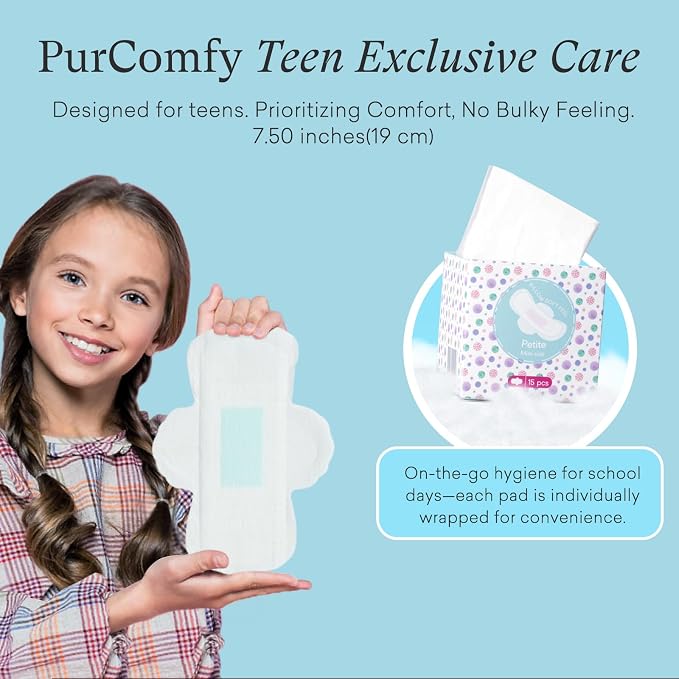 PurComfy Teens Period Pads with Wings for Tweens, Organic Cotton Sanitary Pads for Teen Girls 9-14, Mini Petite, 15 CT (Pack of 2)