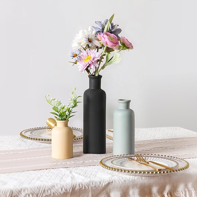 Ceramic Vase Set of 3, Neutral Rustic Vases for Farmhouse Decor Waterproof | Farmhouse Vases for Pampas Grass & Dried Flowers and Table Living Room Home Decor