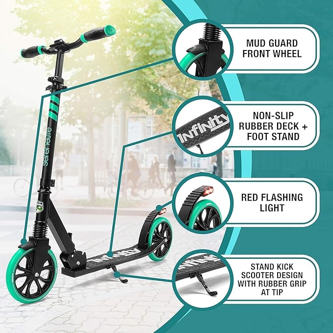 SereneLife Two Wheel Scooter for Teens, Smooth Gliding Kick Scooter for Adults w/Adjustable Height for Ages 8+, Portable All Terrain Scooter w/Carry Straps, Easy to Fold
