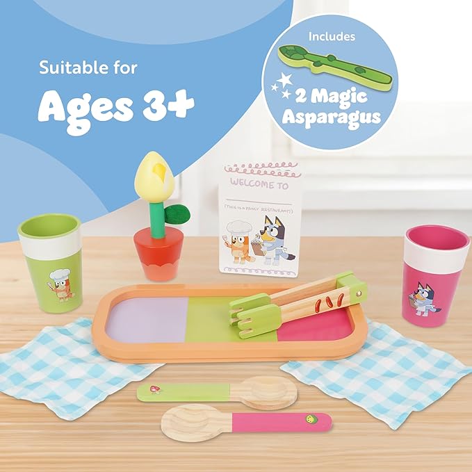 Bluey - Dine in with Bluey Set, 32-Piece Wooden Toy Set with Magic Asparagus, Plates, Utensils & More, Perfect for Role-Play & Imaginative Fun, FSC-Certified, Suitable for 3 Years & Up