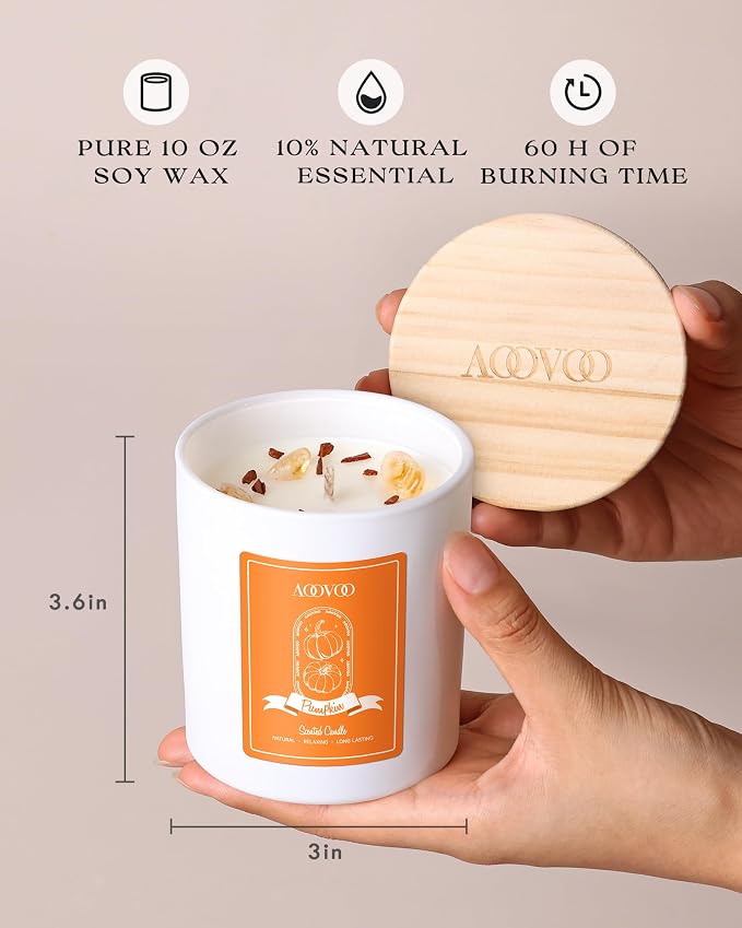 AOOVOO Pumpkin Scented Candles for Women - Aromatherapy Candle with Crystals Inside, 10oz Soy Candles for Home Scented, Birthday Gifts Candle for Women Mom