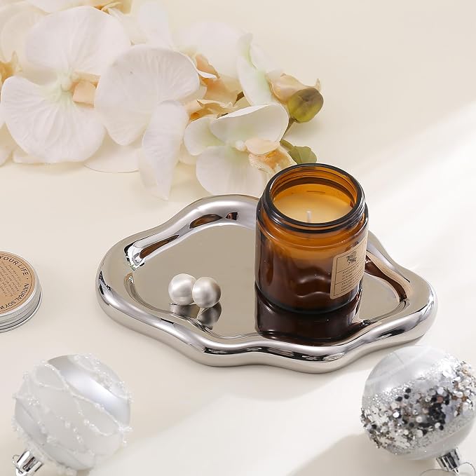 CCINPPY Ceramic Cloud Jewelry Tray Trinket Dish Key Bowl Nightstand Decor | Decorative Small Desk Tray Jewelry Plate Key Holder Bowl Cute Bedroom Room Decor Aesthetic, Gift for Women, Silver Medium