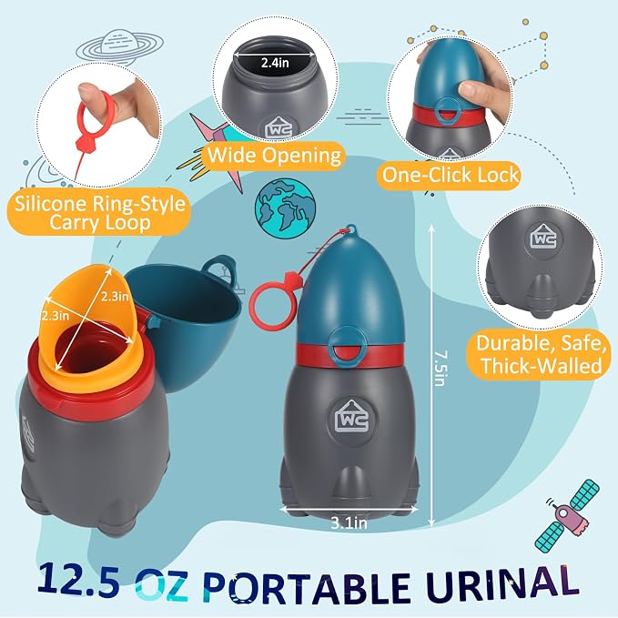 ONEDONE Portable Urinal for Kids Rocket Pee Cup for Kids Emergency Urinal for Toddlers Boys Girls 12.5 OZ Small Pee Bottle for Kid Child Camping Car Travel Potty Training Baby Urinal Teal