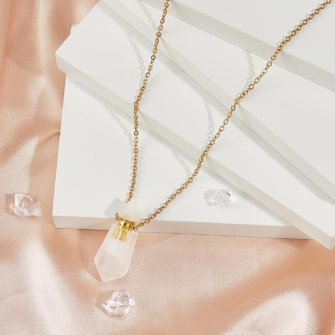 SUPERFINDINGS Natural White Quartz Stone Perfume Bottle Pendant Gemstone Crystal Perfume Bottle Essential Oil Necklace Diffuser Necklace Hexagonal Pointed Reiki Chakra Pendant for Woman Men