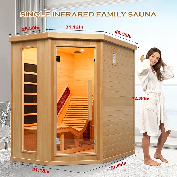 Far Infrared Wood Sauna, 1 or 2 Person Home Canadian Hemlock Luxurious Wooden Traditional Indoor Sauna, 2300W Spa Room with Recliner, 8 Heating Element, Bluetooth Speaker, Lights, Oxygen Bar