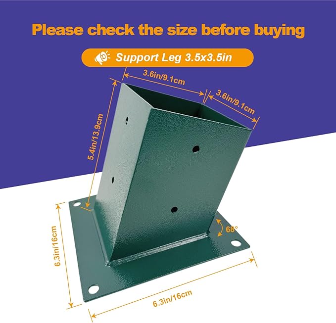 A-Frame Swing Set Brackets - DIY Swing Set Bracket for 4x4 Legs & 4x6 Beam, Installed on Wooden or Concrete Floors, Green (1 Middle Bracket +2 Bases)