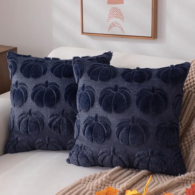 DFXSZ Fall Pillow Covers 16x16 2Pcs Navy Blue Pumpkin Fall Decorations | Fall decor Set of 2 Throw Pillow Cases Soft Plush Faux Fur Wool Couch Cushion for Chair Sofa Bedroom Living Room Home Decor