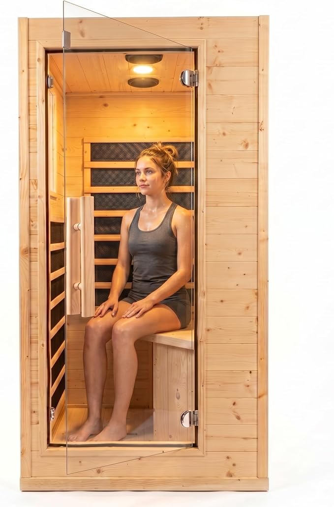 1 Person Low EMF Far Infrared Sauna, Natural Spruce Wood Compact Home Sauna, 1200W 110V, Bluetooth & Reading Light, 6mm Tempered Glass, Small Space Personal Sauna