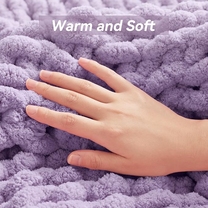 Negwoo Chunky Knit Throw Blanket, Knitted Throw Chenille Yarn, 80"*90" | Soft Thick Cable Knitted Blankets, Handmade Big Thick Blanket,Machine Washable Cute Comfy Blanket for Home Decor,Light purple