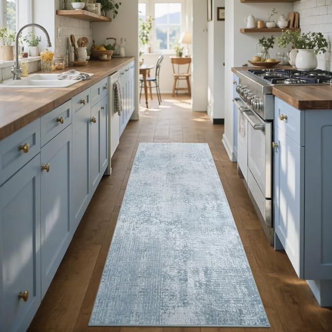 2x6 Ft Washable Runner Rug, Non-Slip Low Pile Hallway Kitchen Area Rug, Soft Long Entryway Floor Mat Abstract Pattern Carpet for Bedside & High-Traffic Areas (Blue)