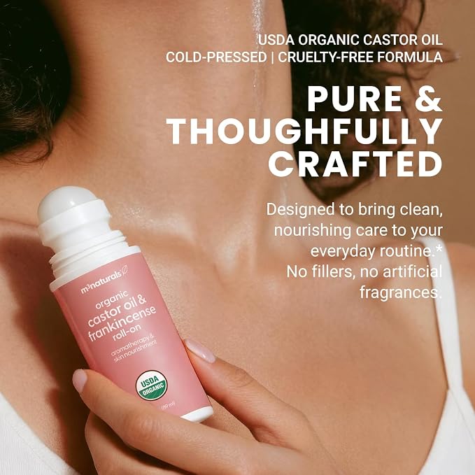 Organic Castor Oil + Frankincense Roll-On | USDA, Cold-Pressed, Hexane Free, Vegan Castor Oil with Frankincense Essential Oil | Body Massage Oil for Aromatherapy & Lymphatic Massage, 3 oz, by M3
