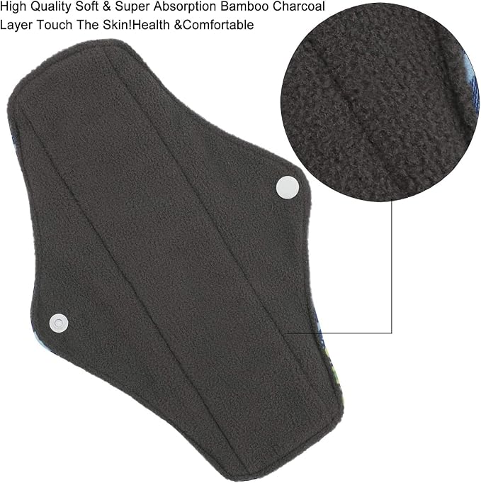 PHOGARY Reusable Menstrual Pads, Bamboo Cloth Pads for Heavy Flow with Wet Bag, Large Sanitary Pad Set with Wings for Women, Washable Overnight Cloth Panty Liners Period Pad (7 in 1, 25.4cm 4 Layers)