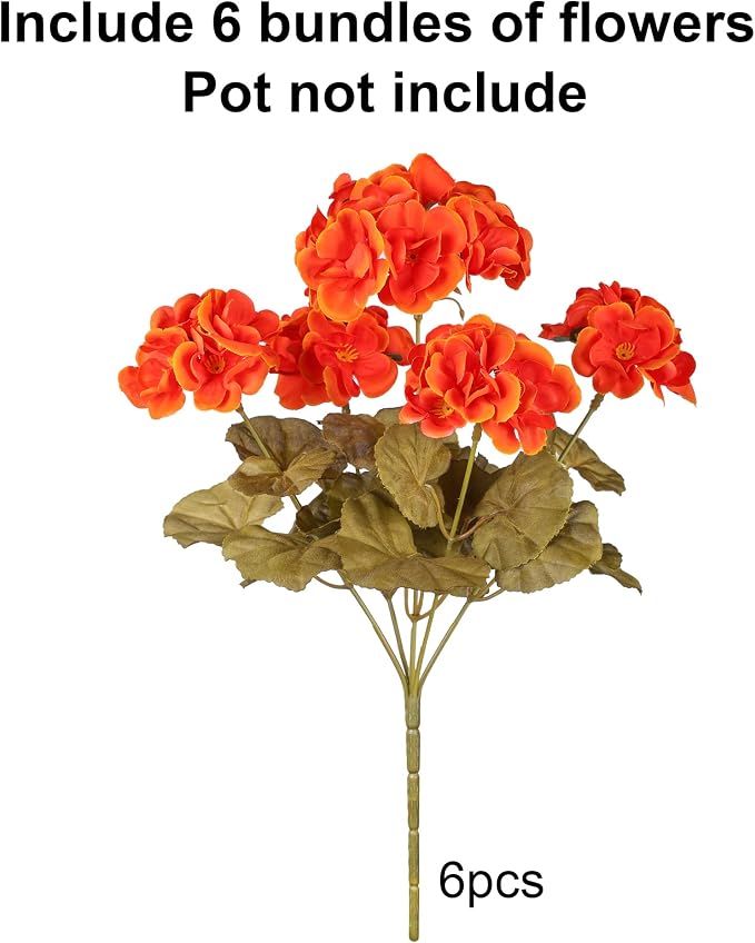 Fake Geraniums Artificial Flowers for Outdoors Fall Autumn Decoration, 6 Bundles Silk Geraniums Look Real Faux Fall Flowers Plants for Front Door Garden Planter Patio Balcony Yard Home Indoor, Orange