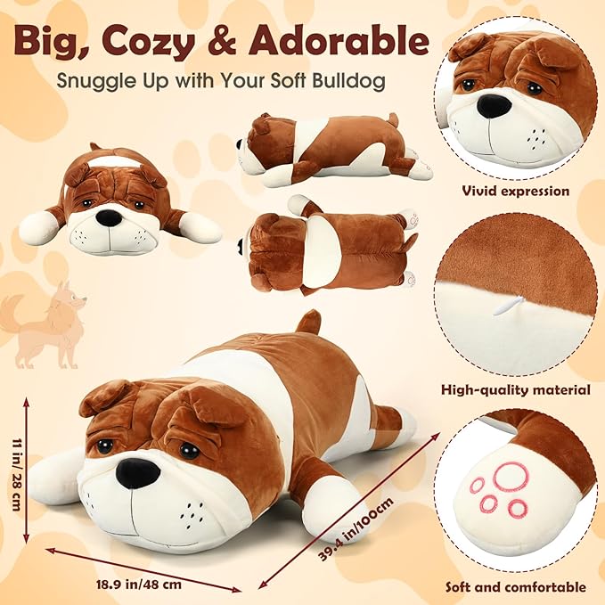 39.4'' Huggable Dog Plush, Cute Stuffed Animal, Soft Adorable Cuddle Companion for Kids Adults Boys and Girls, Plush Pillow Gift for Birthdays & Holidays