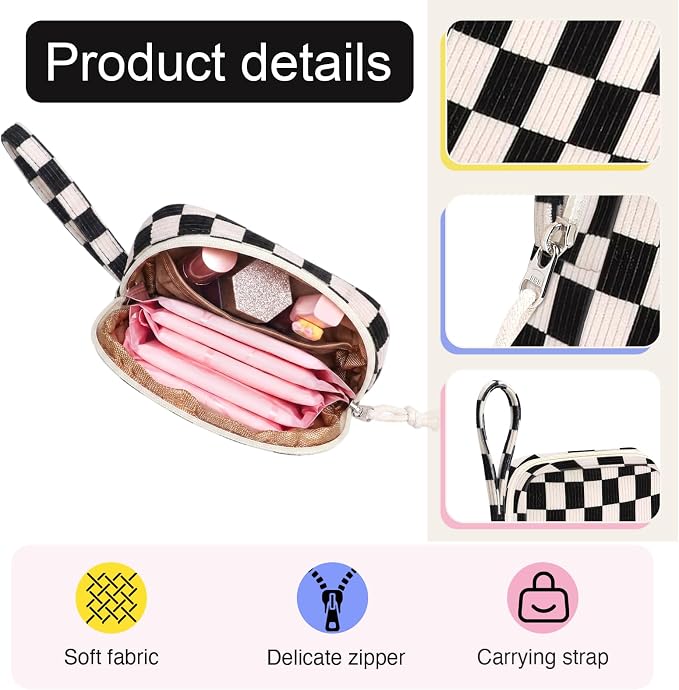 Corduroy Period Pouch for Women, Cute Sanitary Pad Pouch with Zipper, Portable Tampon Holder for Purse, Sanitary Napkin Storage Bag for Travel (Checkered Black White)