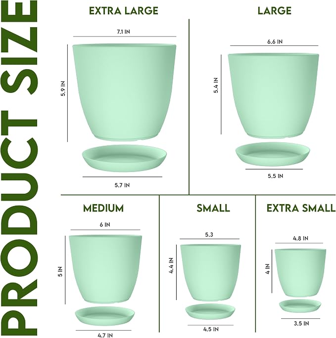 Plant Pots Indoor with Drainage, 10 Pack Multi-Size Planters Set, Mint | Drainage holes included Multiple sizes 7/6.6/6/5.3/4.8 In Indoor plants and flowers Durable plastic construction