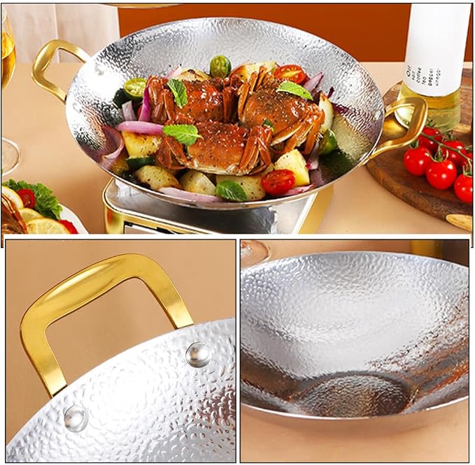 Kichvoe Hammered Griddle 11.81 Inch Double Handle Cooking Pan Stainless Steel Kitchen Cookware for Hot Pot Seafood Korean Ramen Home and Restaurant Use