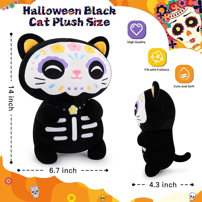 Achwishap Black Cat Stuffed Animal-14” Day of The Dead Cat Plush,Soft Cats Plush Toys Halloween & Día de Los Muertos Gifts for Kids,Cute Kitten Plushies,Kawaii Stuffed Pillow,Animal Pillow for Adults