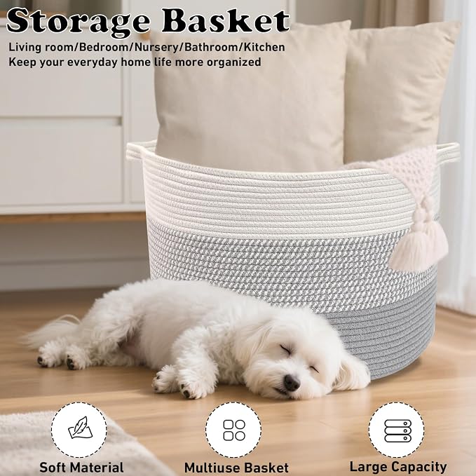 115L Extra Large Blanket Basket,Woven Rope Laundry Basket-Grey | Collapsible, reinforced handles, nursery storage bin organizes clothes, toys and pillows for living room, bedroom bathroom