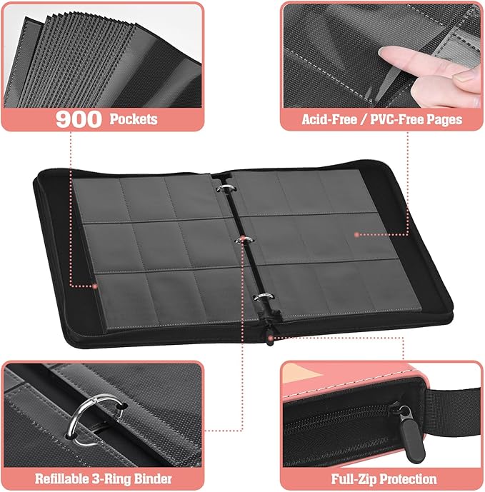 Trading Card Binder Album, 900 Pockets, 3-Ring Refillable with 50 Double-Sided 9-Pocket Sheets, Fits 2.5"x3.5" TCG & Sports Cards, Acid-Free, Zippered PU Cover, Cherry Anime Design