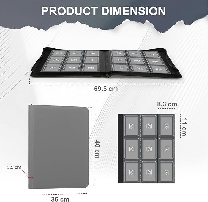 Toploader Binder,Trading Card Binder Storage Hold up 288 Cards 9-Pocket Top Loader Binder with Sleeves for 3"x4" Rigid Toploaders Hard Cases (9Dark Grey)