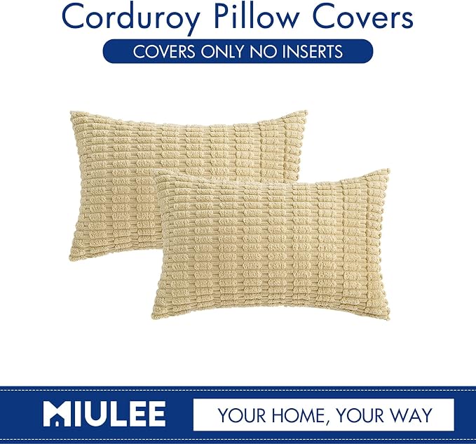 MIULEE Lumbar Corduroy Decorative Throw Pillow Covers 12x20 Beige Pack of 2 | Soft Boho Striped Pillow Covers Modern Farmhouse Home Decor For Sofa Living Room Couch Bed