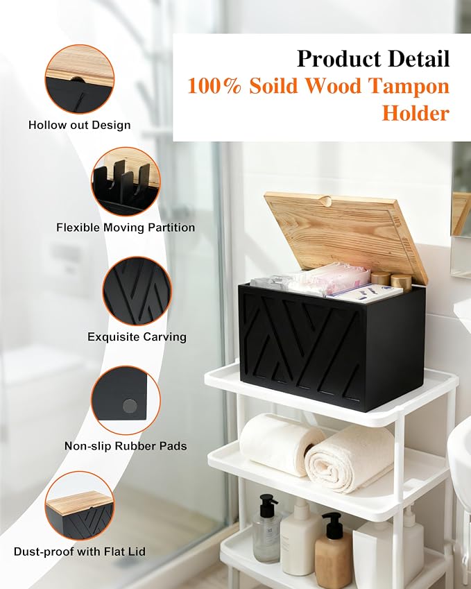 Tampon Holder for Bathroom Decor Feminine Product Organizer With Lid Shark Week Box Wooden Pad Girl Stuff Box (BLACK, lid) (1, BLACK)
