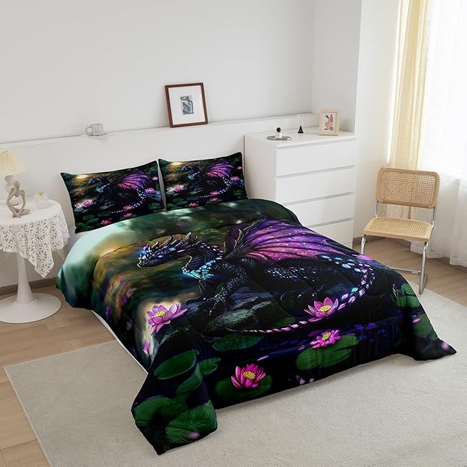 Feelyou Dragon Comforter Set Queen Size Dragon Stuff Comforter for Boys Girls Teens Wild Life Bedding Set Lotus Flower Duvet Set Room Decor Green Purple Quilt Set
