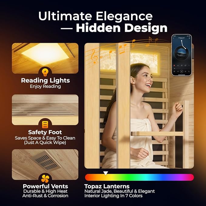 2 Person Far Infrared Sauna, Canadian Hemlock Thickened Wood, Extra-Thick Explosion-Proof Glass, 2000W Low EMF 110V with 7 Heaters, Chromotherapy Lights, Control Panel, Bluetooth Speaker, Natural Wood