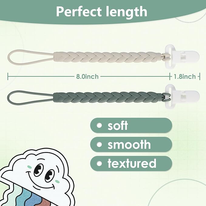 6-Pack Silicone Pacifier Clips with a Woven Rope Shape for Baby Boys and Girls - Flexible and Rust-Free Holders for Teething Relief and Baby Essentials, Safe for Newborns (Grey)
