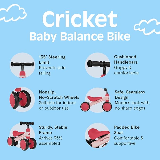 Retrospec Cricket Baby Walker Balance Bike with 4 Wheels for Ages 12-24 Months - Baby Toys & Toddler Toys for 1 Year Olds - Ride On Bicycle - Boys & Girls