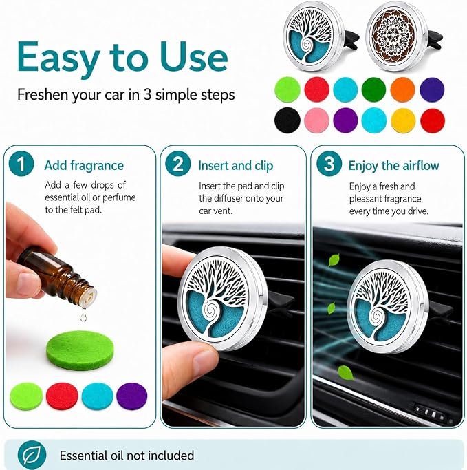 2 Pack Car Vent Essential Oil Diffuser Clips, Silver Tree of Life Air Freshener Vent Clips with 30 Colorful Felt Pads, Reusable Metal Car Aroma Diffuser for Essential Oils, Perfume