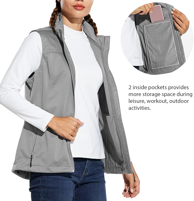 baleaf Women's Lightweight Running Vest Sleeveless Softshell Jacket | Windproof; Breathable; Water Resistant; 2 Zipper Pockets; Stand Collar; Great for Running, Hiking, Camping and Travelling