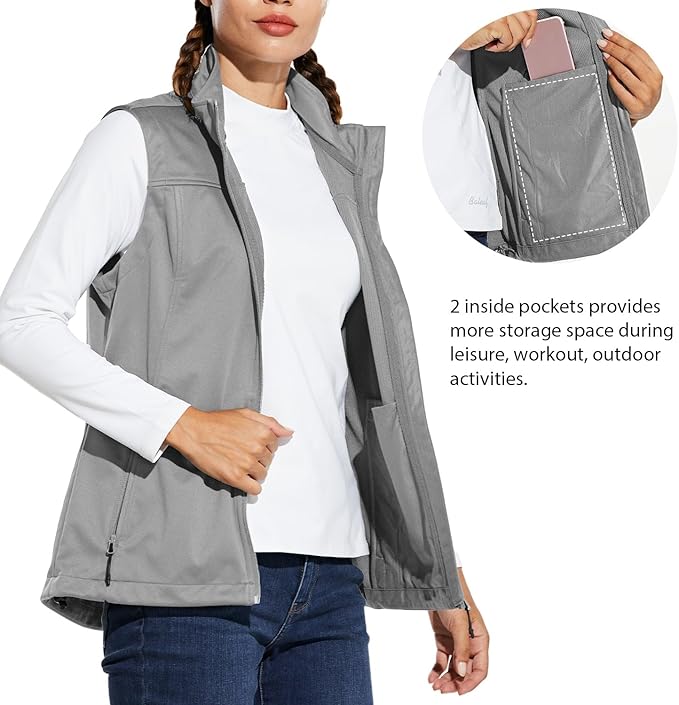 baleaf Women's Lightweight Running Vest Sleeveless Softshell Jacket | Windproof; Breathable; Water Resistant; 2 Zipper Pockets; Stand Collar; Great for Running, Hiking, Camping and Travelling