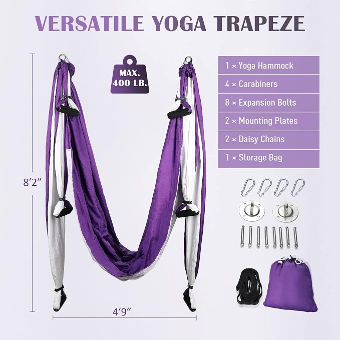 ZELUS Aerial Yoga Swing Sling Strong Yoga Hammock Kit Set Trapeze Inversion Equipment Include 2 Extensions Straps and Ceiling Mounting Kit